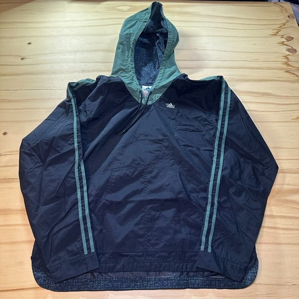 Vintage 90s Adidas Black Green Hoodie Nylon Windbreaker Jacket Mens Large
